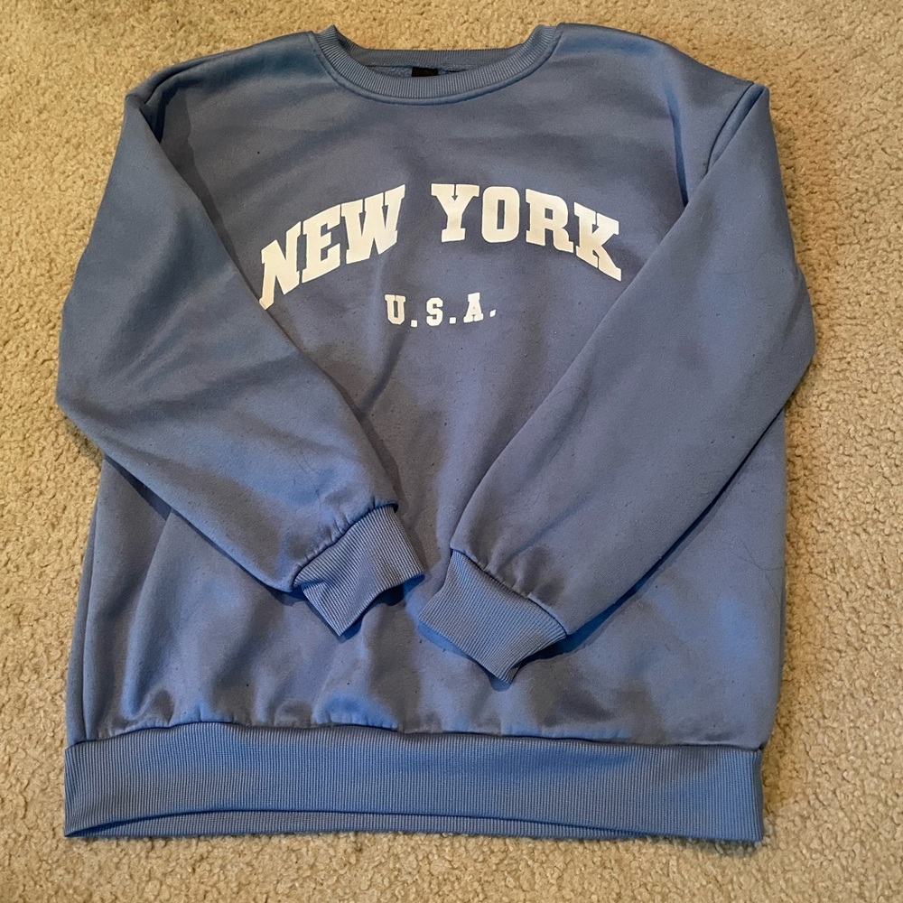 SHEIN Blue Crewneck Sweater with New York Print